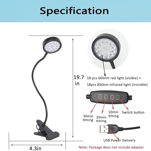 U4GLORY Terapia de Luz Roja para Cara y Cuerpo, 18 LEDs 660nm y 850nm Infrarrojo Cercano, Luz Ajustable con Clip, Ideal para Cuidado de la Piel y - imagen 3