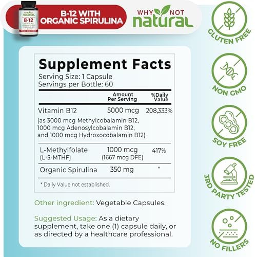 Suplemento de Vitamina B12 Natural Why Not 5000 mcg con Metilcobalamina, Adenosilcobalamina y Complejo de B12 Hidroxilo con Metilfolato 1000 mcg, - imagen 4
