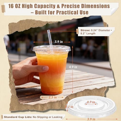 Paquete de 100 Vasos Plásticos de 16oz Zcaukya con Tapas y Popotes, Desechables, Ideales para Café Helado, Refrescos, Smoothies y Jugos - imagen 2