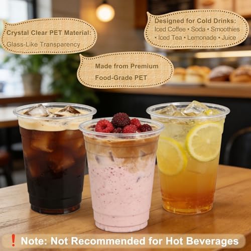 Paquete de 100 Vasos Plásticos de 16oz Zcaukya con Tapas y Popotes, Desechables, Ideales para Café Helado, Refrescos, Smoothies y Jugos - imagen 4