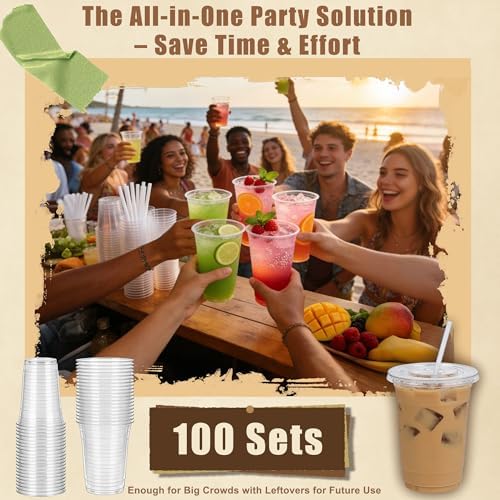 Paquete de 100 Vasos Plásticos de 16oz Zcaukya con Tapas y Popotes, Desechables, Ideales para Café Helado, Refrescos, Smoothies y Jugos - imagen 5
