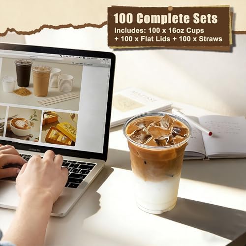 Paquete de 100 Vasos Plásticos de 16oz Zcaukya con Tapas y Popotes, Desechables, Ideales para Café Helado, Refrescos, Smoothies y Jugos - imagen 6