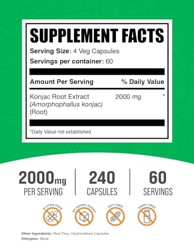 Cápsulas de Glucomanano BulkSupplements.com - Extracto de Raíz de Konjac, Suplemento Herbal, Sin Gluten, 4 Cápsulas por Porción, 240 Contenido - imagen 2
