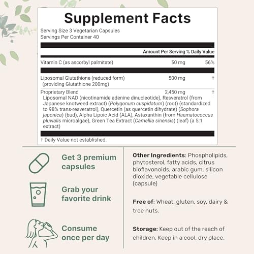 Complejo de Glutatión Reducido Liposomal Micro Ingredients 3,000mg - Suplemento Avanzado 8 en 1 con NAD, Resveratrol, Quercetina, Ácido Alfa Lipoico - imagen 2