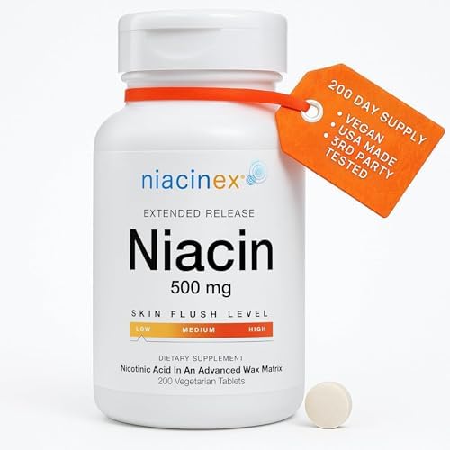 Niacinex Niacina 500mg Liberación Prolongada, 200 Tabletas, Suplemento de Vitamina B3 Vegano, Sin Flush, Equilibrio de Colesterol, Hecho en EE. UU. - imagen 1