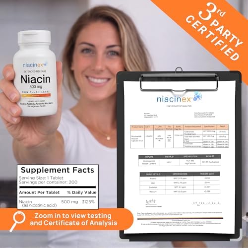 Niacinex Niacina 500mg Liberación Prolongada, 200 Tabletas, Suplemento de Vitamina B3 Vegano, Sin Flush, Equilibrio de Colesterol, Hecho en EE. UU. - imagen 6