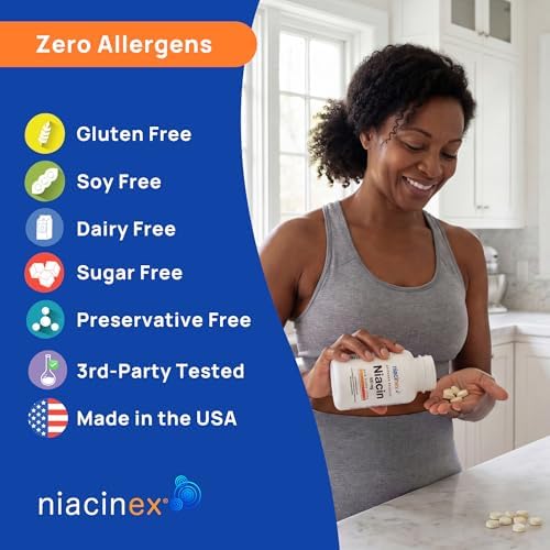 Niacinex Niacina 500mg Liberación Prolongada, 200 Tabletas, Suplemento de Vitamina B3 Vegano, Sin Flush, Equilibrio de Colesterol, Hecho en EE. UU. - imagen 8