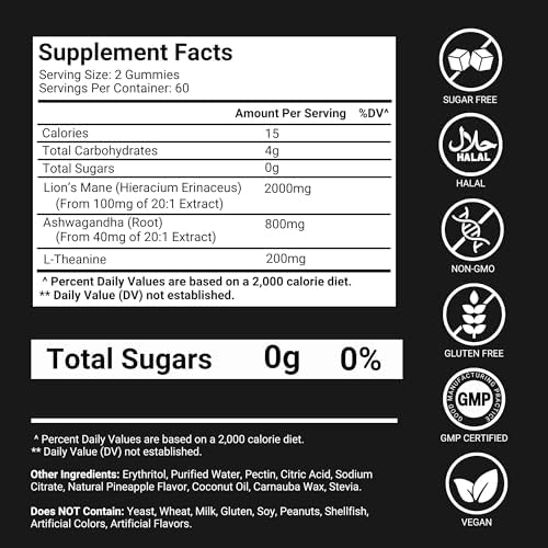 Gomitas de Melena de León Sin Azúcar – 120 Gomitas para Claridad y Soporte Nutricional Cerebral – 3000mg de Hongo Melena de León con Ashwagandha y - imagen 7