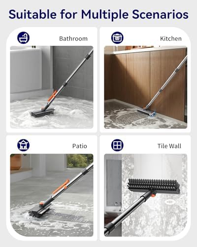 Cepillo de Piso HelpX Pequeño con Mango Ajustable, 3 en 1, Cepillo de Cerdas Duras, Limpiador con Squeegee y Pinzas para Baño, Azulejos, Patio y - imagen 6