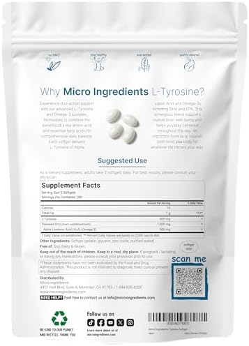 Suplemento de L-Tirosina 500mg con Omega-3, 360 Softgels | Aminoácidos de Doble Acción + Omega de Aceite de Linaza 1,000mg | Apoyo para Corazón y - imagen 2