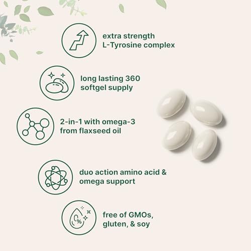 Suplemento de L-Tirosina 500mg con Omega-3, 360 Softgels | Aminoácidos de Doble Acción + Omega de Aceite de Linaza 1,000mg | Apoyo para Corazón y - imagen 3