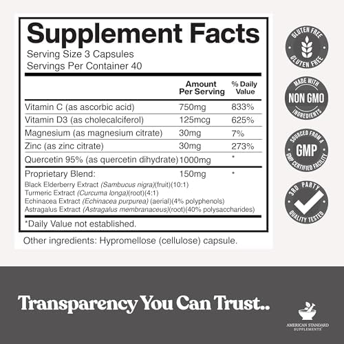 Suplementos American Standard Quercetina 1000mg con Zinc, Vitamina C, D3, Magnesio, Saúco, Equinácea, Cúrcuma y Astrágalo - Sin Gluten, No GMO, 120 - imagen 2