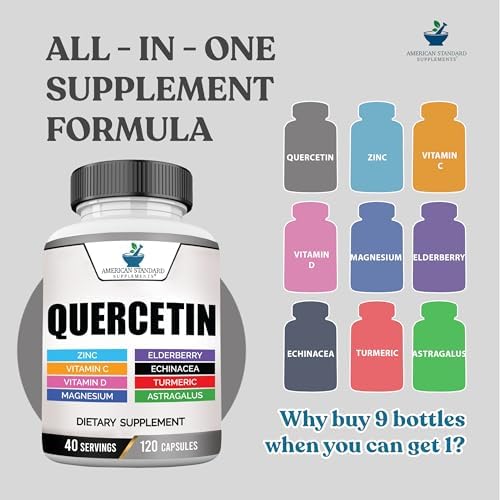 Suplementos American Standard Quercetina 1000mg con Zinc, Vitamina C, D3, Magnesio, Saúco, Equinácea, Cúrcuma y Astrágalo - Sin Gluten, No GMO, 120 - imagen 3