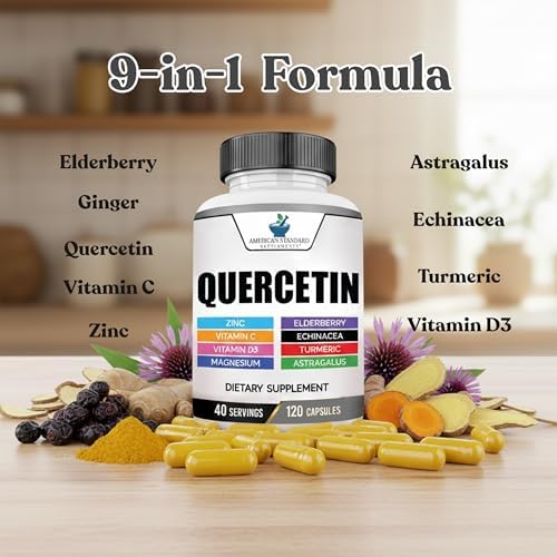 Suplementos American Standard Quercetina 1000mg con Zinc, Vitamina C, D3, Magnesio, Saúco, Equinácea, Cúrcuma y Astrágalo - Sin Gluten, No GMO, 120 - imagen 5