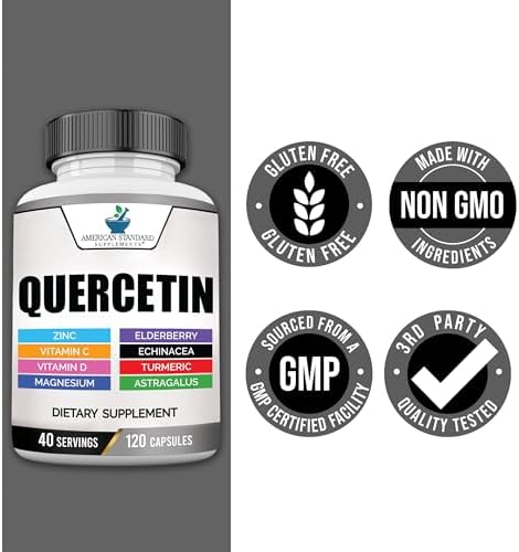 Suplementos American Standard Quercetina 1000mg con Zinc, Vitamina C, D3, Magnesio, Saúco, Equinácea, Cúrcuma y Astrágalo - Sin Gluten, No GMO, 120 - imagen 8