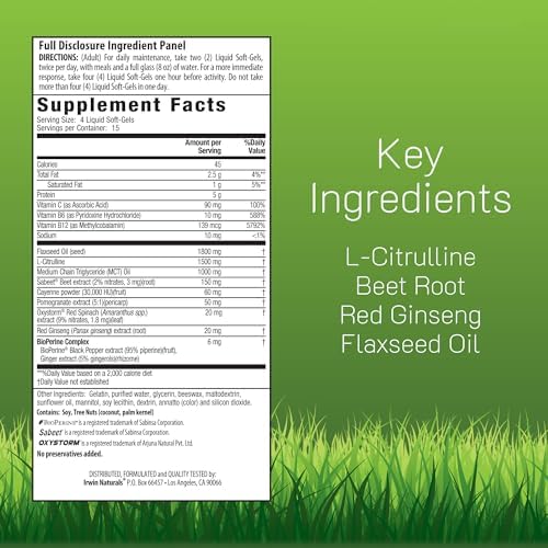Irwin Naturals Pro-Active Nitric Oxide PWR - Suplemento para Aumentar el Flujo Sanguíneo con L-Citrulina, Remolacha y Espinaca Roja - 60 Cápsulas - imagen 2