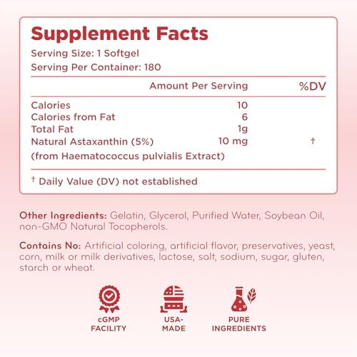 Suplemento de Astaxantina a Base de Algas - Liberación Rápida 10mg Non-GMO, Antioxidante Potente para Piel, Inmunidad y Salud Ocular - Fabricado en - imagen 8