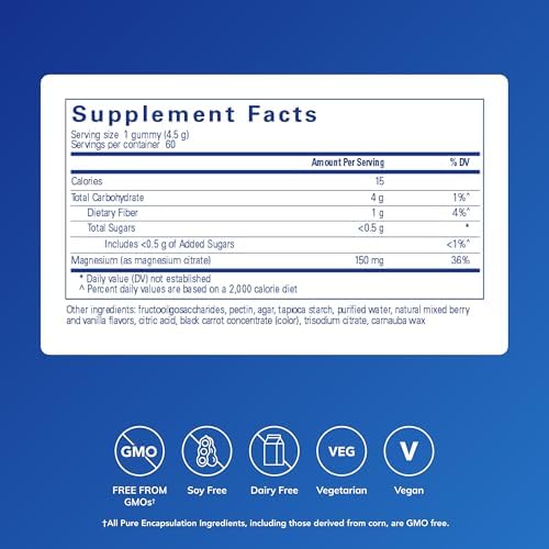 Gomitas de Magnesio Pure Encapsulations - Citrato de Magnesio - Apoya la Salud Cardiaca y Relajación - Veganas y <0.5g de Azúcar por Goma - 60 Gomitas - imagen 2