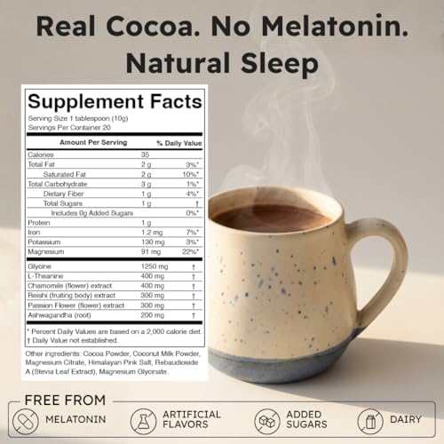 Cocoa para Dormir Brainoa para Amantes del Chocolate – Con Magnesio Glicinato, Ashwagandha, Hongo Reishi y L-Theanina – Bebida para Dormir Sin - imagen 2