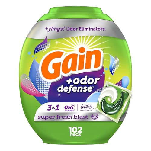 Gain Flings Detergente en Pacs con Defensa contra Olores, 102 Piezas, Aroma Super Fresh Blast, HE 3 en 1 con Febreze y Oxi - imagen 1