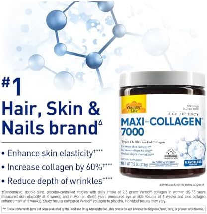 Country Life Maxi-Collagen 7000 en polvo - Péptidos de colágeno bioactivos Verisol, Vitamina C, A y Biotina, 4,500 mg de colágeno de pastura Tipo I y - imagen 2