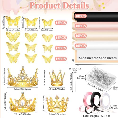 Cridoz 195 Piezas de Accesorios para Ramo de Flores: 40 Papeles de Regalo, 4 Coronas Doradas, 48 Decoraciones de Mariposa, 100 Pines y 3 Listones - imagen 2
