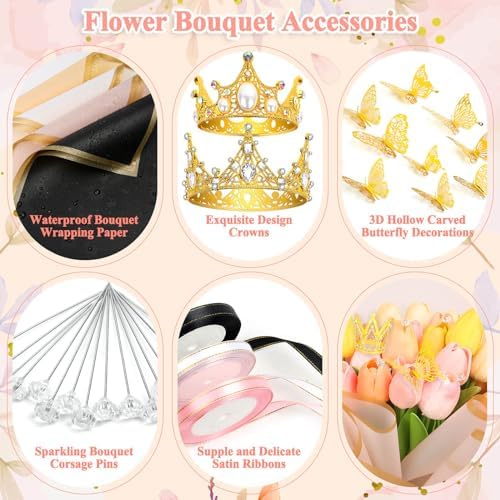 Cridoz 195 Piezas de Accesorios para Ramo de Flores: 40 Papeles de Regalo, 4 Coronas Doradas, 48 Decoraciones de Mariposa, 100 Pines y 3 Listones - imagen 3