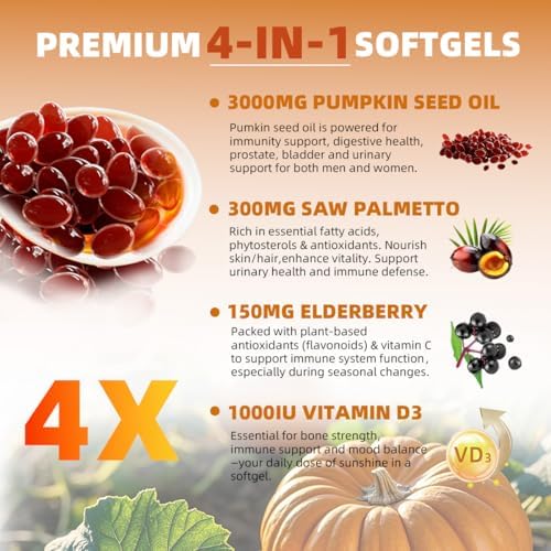 Aceite de Semilla de Calabaza con Saw Palmetto, 300 Softgels | Vitamina D3 & Saúco 4 en 1, 3000mg Aceite Virgen Prensado en Frío | Apoya Salud del - imagen 2