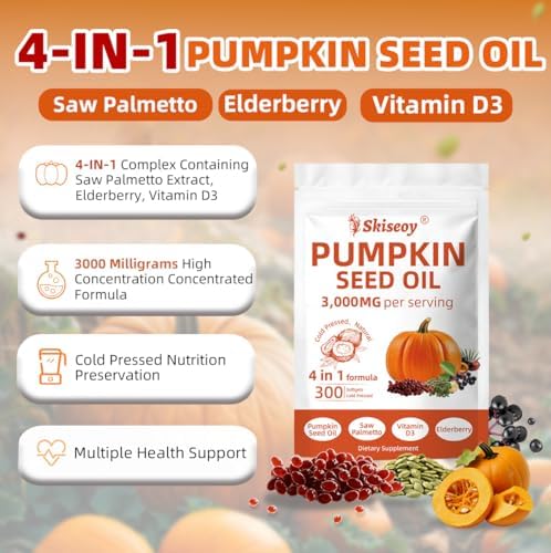 Aceite de Semilla de Calabaza con Saw Palmetto, 300 Softgels | Vitamina D3 & Saúco 4 en 1, 3000mg Aceite Virgen Prensado en Frío | Apoya Salud del - imagen 3