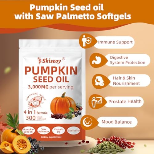Aceite de Semilla de Calabaza con Saw Palmetto, 300 Softgels | Vitamina D3 & Saúco 4 en 1, 3000mg Aceite Virgen Prensado en Frío | Apoya Salud del - imagen 4
