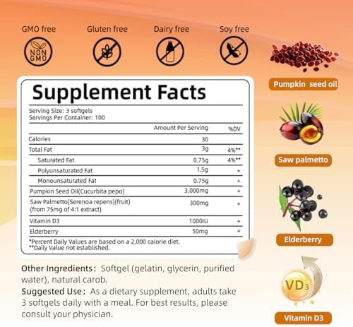 Aceite de Semilla de Calabaza con Saw Palmetto, 300 Softgels | Vitamina D3 & Saúco 4 en 1, 3000mg Aceite Virgen Prensado en Frío | Apoya Salud del - imagen 7