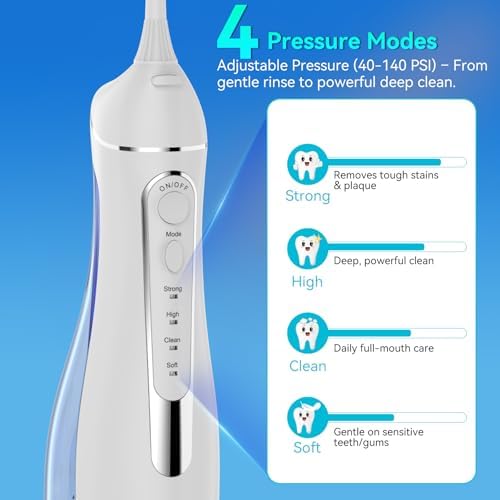 Hilo Dental Portátil Recargable IPX7, Irrigador Oral con 4 Modos y 5 Puntas, 300ml - Ideal para Brackets y Encías Sensibles, Uso en Casa y Viajes - imagen 2