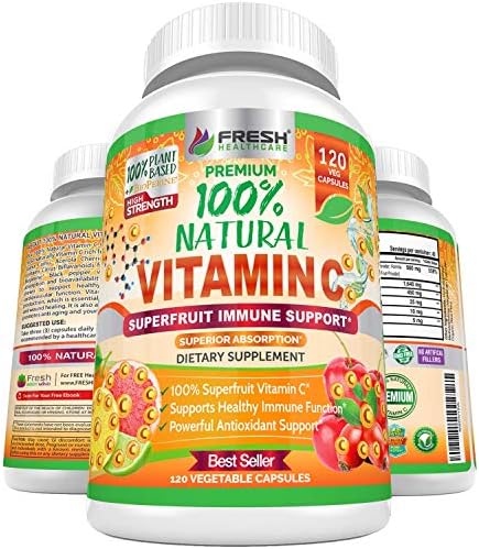 Suplemento Natural de Vitamina C 500mg Fresh Healthcare - Con Rosa Mosqueta, Cereza Acerola y Camu Camu - 120 Cápsulas Veganas para el Sistema - imagen 1