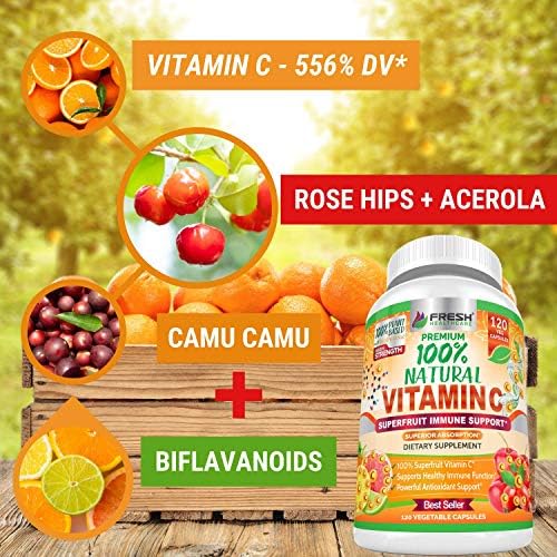 Suplemento Natural de Vitamina C 500mg Fresh Healthcare - Con Rosa Mosqueta, Cereza Acerola y Camu Camu - 120 Cápsulas Veganas para el Sistema - imagen 3