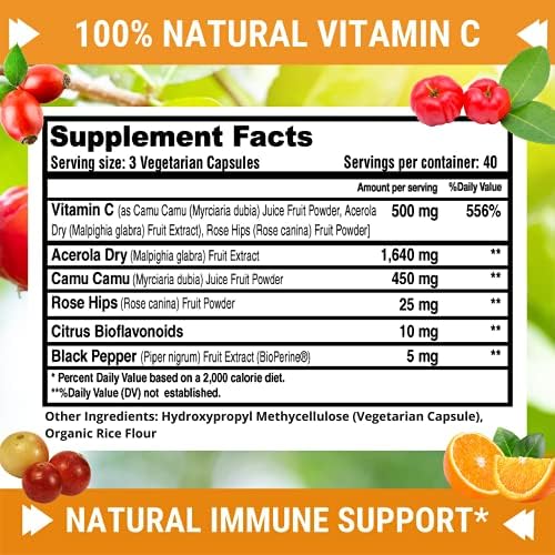 Suplemento Natural de Vitamina C 500mg Fresh Healthcare - Con Rosa Mosqueta, Cereza Acerola y Camu Camu - 120 Cápsulas Veganas para el Sistema - imagen 4
