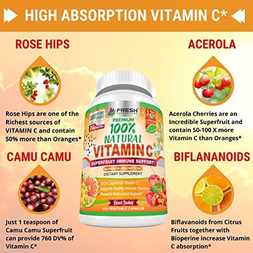 Suplemento Natural de Vitamina C 500mg Fresh Healthcare - Con Rosa Mosqueta, Cereza Acerola y Camu Camu - 120 Cápsulas Veganas para el Sistema - imagen 5