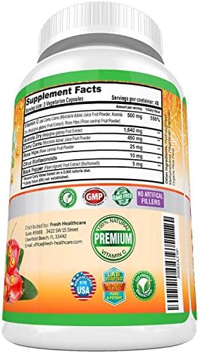 Suplemento Natural de Vitamina C 500mg Fresh Healthcare - Con Rosa Mosqueta, Cereza Acerola y Camu Camu - 120 Cápsulas Veganas para el Sistema - imagen 7