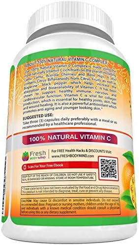 Suplemento Natural de Vitamina C 500mg Fresh Healthcare - Con Rosa Mosqueta, Cereza Acerola y Camu Camu - 120 Cápsulas Veganas para el Sistema - imagen 8