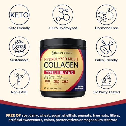 Polvo de Péptidos de Colágeno Múltiple Doctor's Recipes para Mujeres y Hombres, Proteína Hidrolizada de Res Alimentada con Pasto, 16oz - imagen 5
