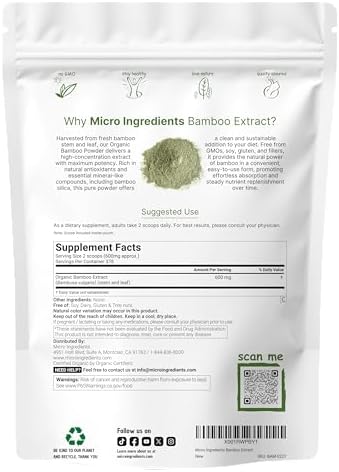 Polvo de Extracto de Bambú Orgánico Micro Ingredients, 8oz (378 Porciones) | Suplementos de Sílice y Minerales de Planta de Bambú | Extracto Natural - imagen 2