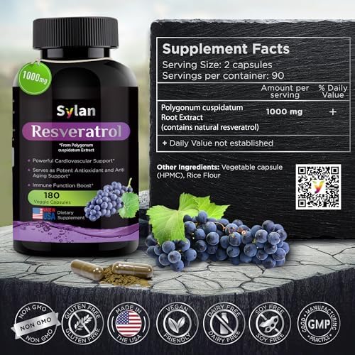 Suplemento de Resveratrol SYLAN, 1000mg, 180 Cápsulas Veganas, Antioxidante, Apoya Corazón, Articulaciones, Cerebro, Inmunidad y Antienvejecimiento, - imagen 3