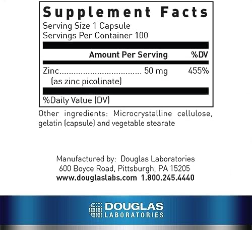 Zinc Picolinato de Douglas Laboratories - 50 mg - Suplemento Mineral para el Sistema Inmunológico, Antioxidantes y Piel - 100 Cápsulas - imagen 2