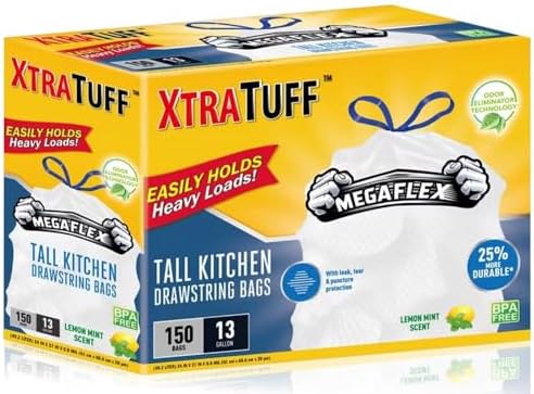 Bolsas de Basura XtraTuff para Cocina, 13 Galones, 150 Piezas, Aroma a Limón y Menta, MegaFlex, Resistentes a Fugas y Punciones, Sin BPA - imagen 1