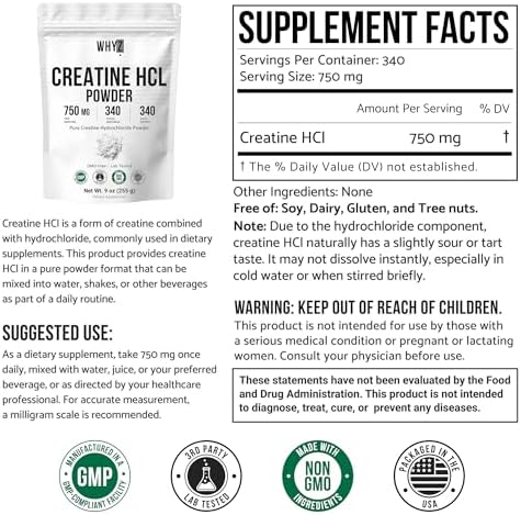 Creatina HCL en Polvo Sin Sabor - Suplemento para Hombres y Mujeres, 9 oz (255 g) - Apoya Fuerza Muscular, Energía y Hidratación Celular - imagen 2
