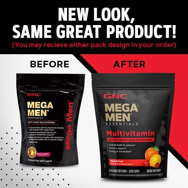 GNC Mega Men Multivitamínico Masticable para Hombres | Apoyo Energético y Metabólico | Sin Gluten | Sabor Frutas Mixtas | 60 Unidades - imagen 4