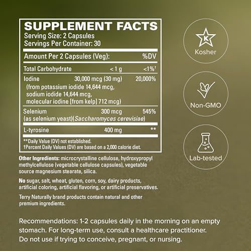 Terry Naturally Cuidado de Tiroides Plus - Yodo + L-Tirosina, 60 Cápsulas - Suplemento para la Tiroides con Selenio, Promueve Energía y Metabolismo - - imagen 5