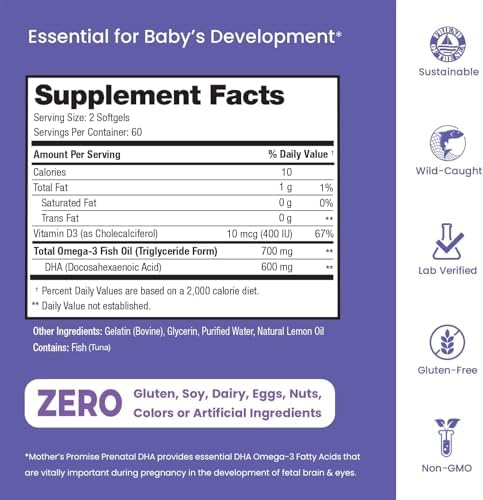 DHA Prenatal para Mujeres 600mg + 400 IU de Vitamina D3 | 120 Cápsulas Blandas | Apoya la Salud Cerebral | Omega 3 Triglicéridos para Embarazo y - imagen 2