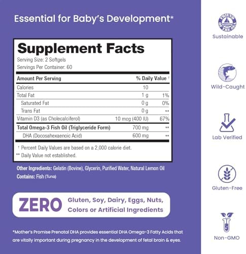 DHA Prenatal para Mujeres 600mg + 400 IU de Vitamina D3 | 120 Cápsulas Blandas | Apoya la Salud Cerebral | Omega 3 Triglicéridos para Embarazo y - imagen 5