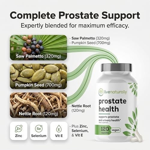 Suplemento para la Salud Prostática Livenaturally para Hombres, Fórmula Avanzada con Saw Palmetto, Semilla de Calabaza, Raíz de Ortiga, Zinc, Selenio - imagen 3