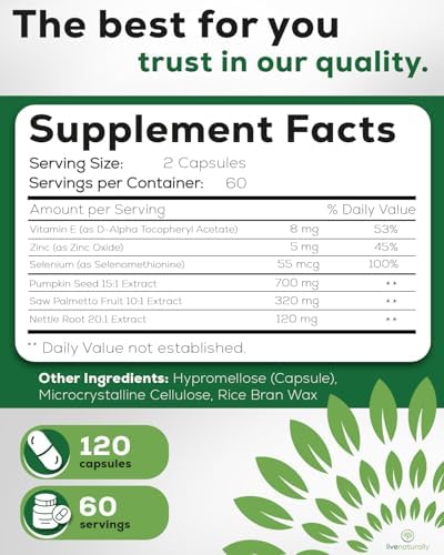 Suplemento para la Salud Prostática Livenaturally para Hombres, Fórmula Avanzada con Saw Palmetto, Semilla de Calabaza, Raíz de Ortiga, Zinc, Selenio - imagen 4